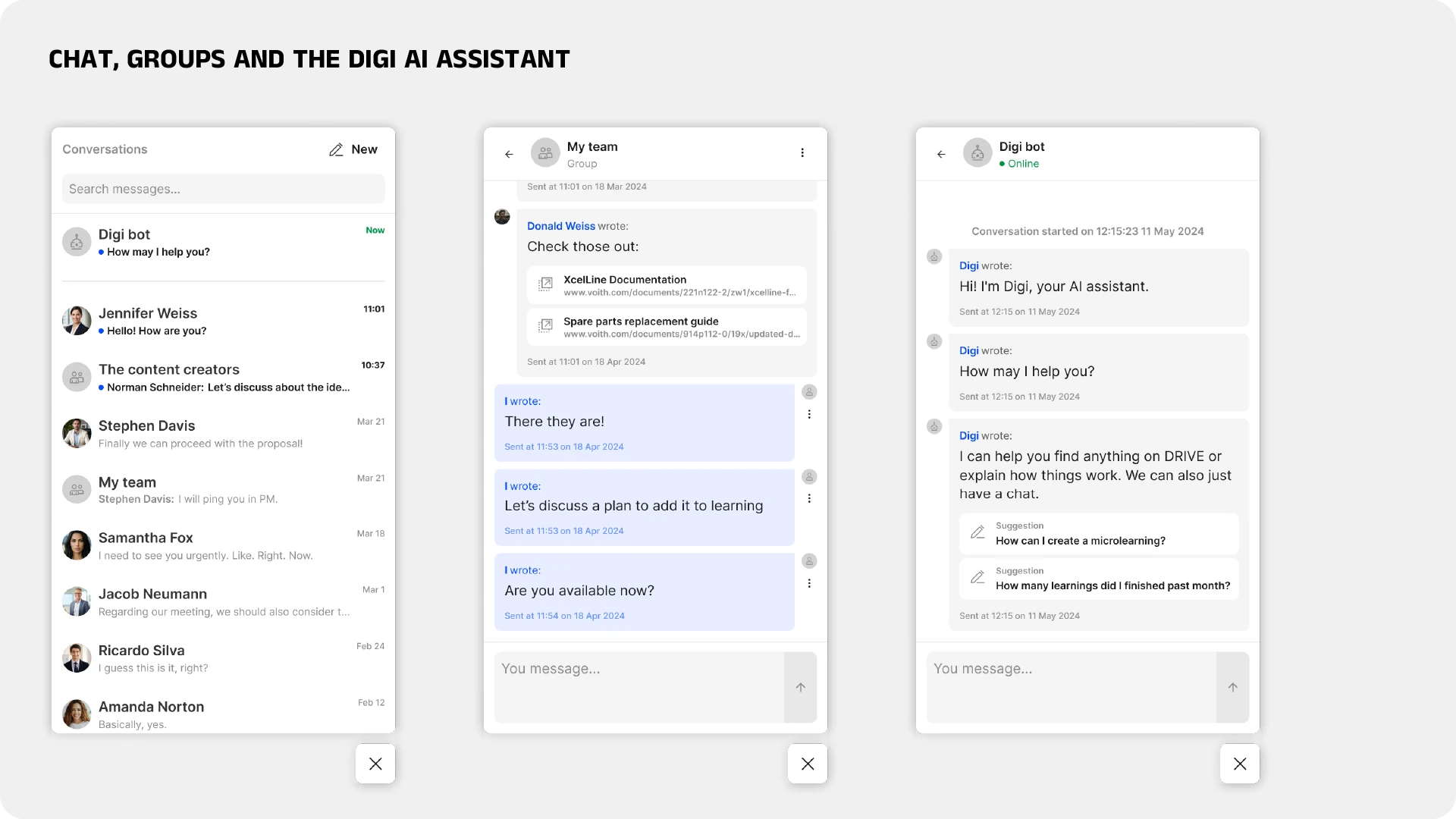 The conversations list, a group chat with shared document links, and Digi, the AI assistant, offering suggested questions.
