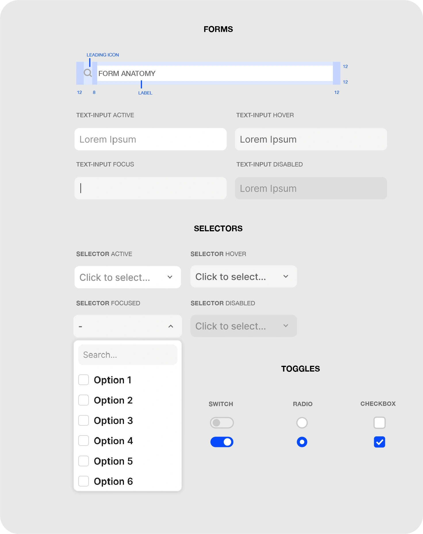DRIVE forms: input anatomy, text input and selector states, switch, radio and checkbox.